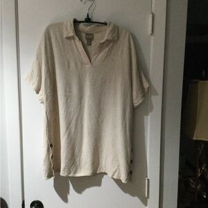 Womens Casual Cream Short-Sleeve Button Down Shirt